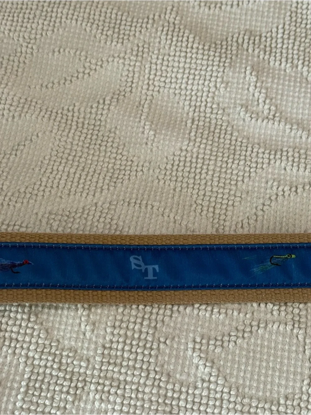 Southern Tide‎ Mens Fly Fishing Lure Ribbon Canvas Leather Belt Blue Tan Size 38